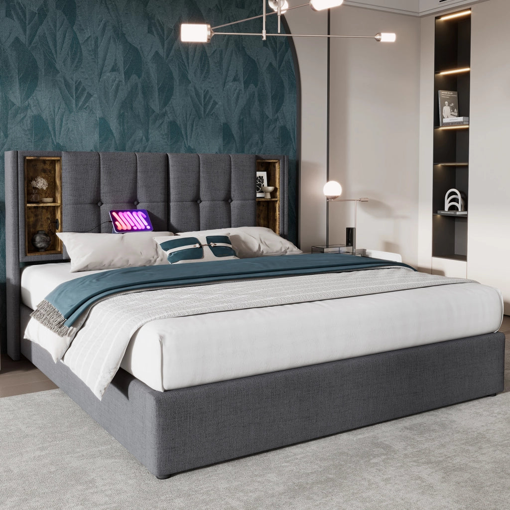 LETTO Contenitore 160x200 cm con ricarica wireless, Grigio, Cotone