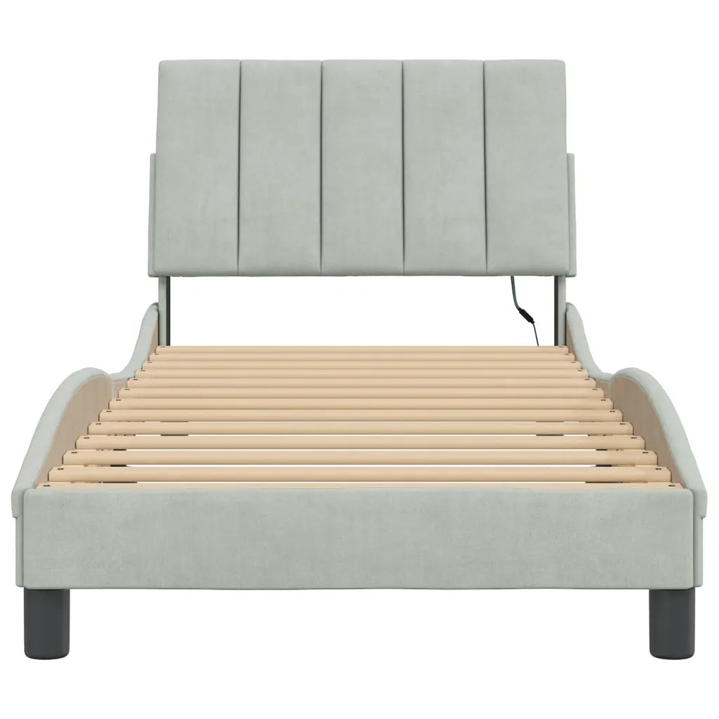 Letto singolo | Letto per adulti | Giroletto con LED senza Materasso Hanko Grigio Chiaro 90x190 cm in Velluto