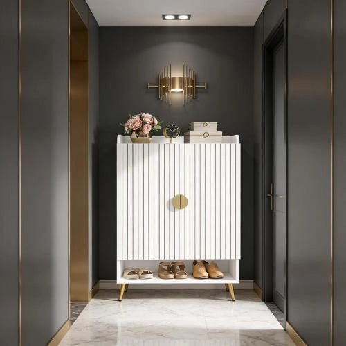 ARMADIO PORTASCARPE 7 LIVELLI Bianco/Oro in Metallo e Legno
