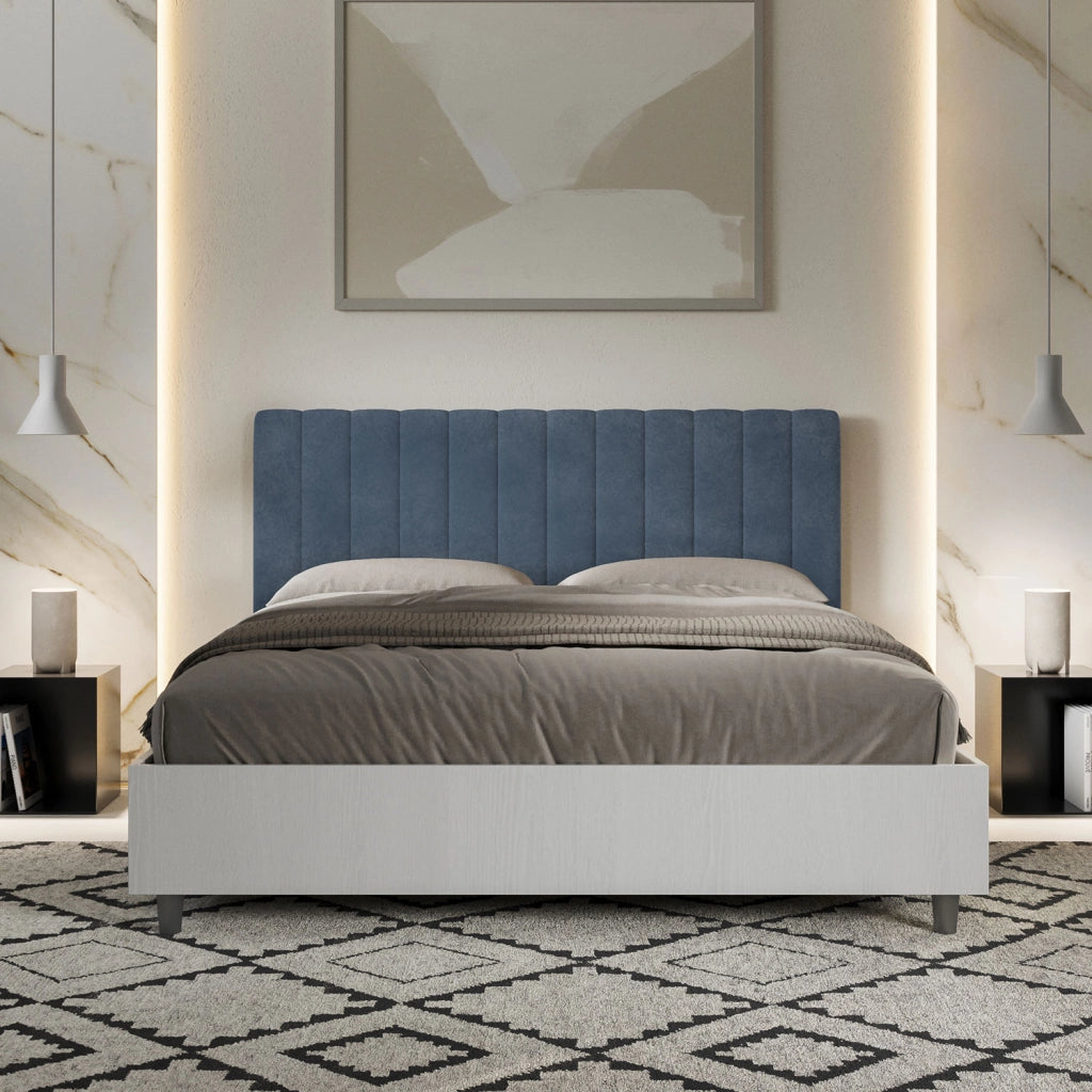 BS COM Letto matrimoniale contenitore 160x200 bianco frassino testata microfibra blu