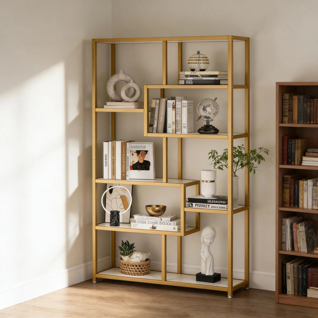 LIBRERIA a 8 ripiani 180x100x20 cm Metallo Oro e Bianco effetto marmo