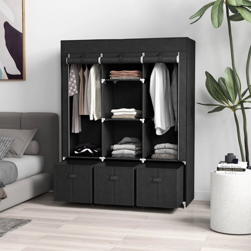 ARMADIO TESSILE con 2 aste, 5 ripiani e 3 cassetti 125x43x162,5 cm Nero