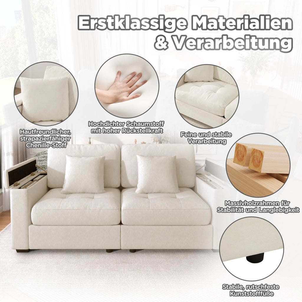 Divano dritto 2 posti con vano portaoggetti nei braccioli e tasche laterali, in Chenille, Beige