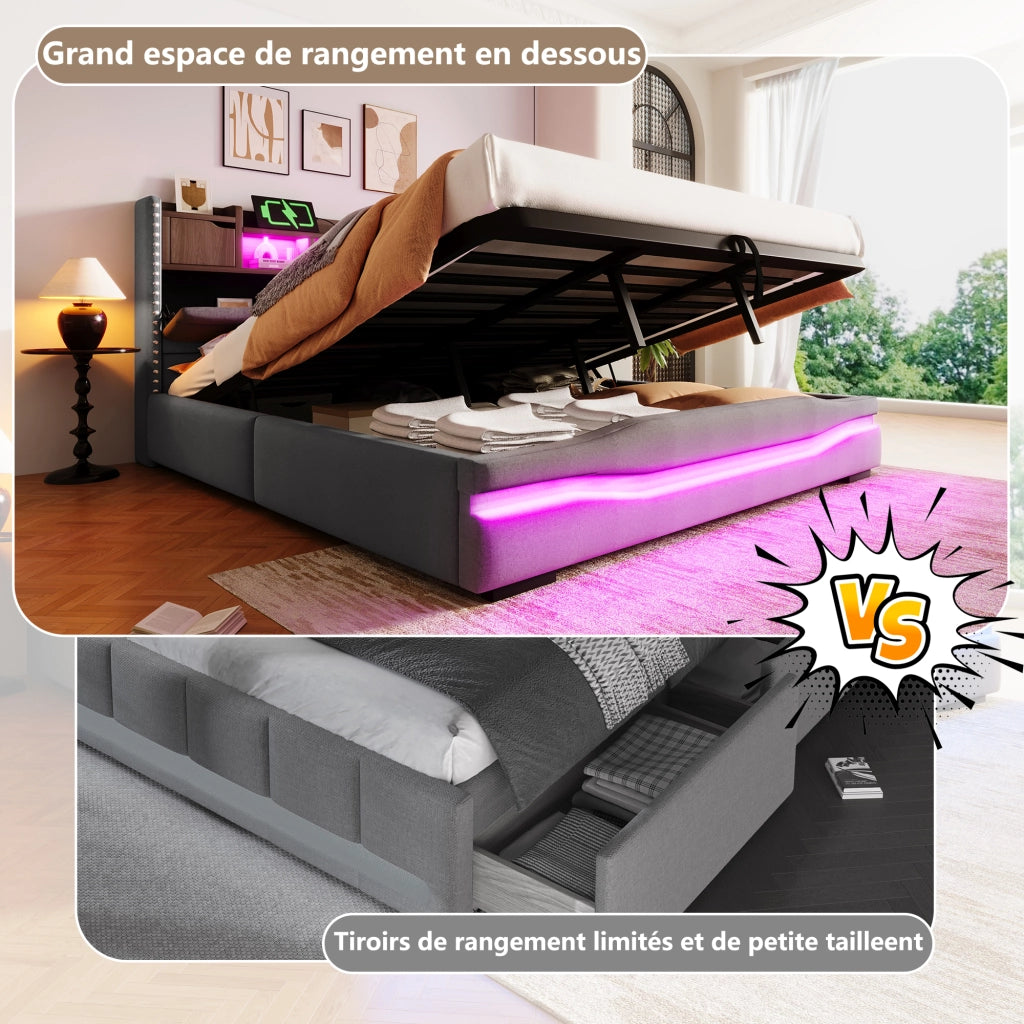 Letto imbottito grigio 180x200 con USB-C LED testiera con vano sollevamento idraulico