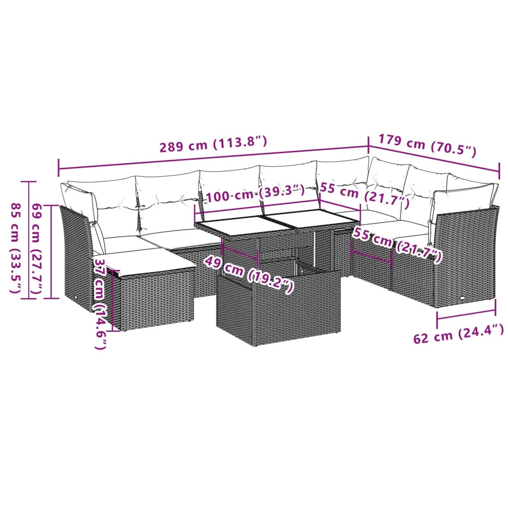 Set Divani da Giardino 9pz con Cuscini Marrone in Polyrattan 3266793
