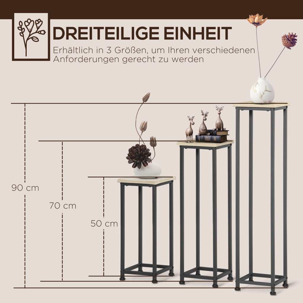 Set di 3 supporti per piante, sgabello e portavaso in acciaio, nero e naturale, per giardino e balcone.