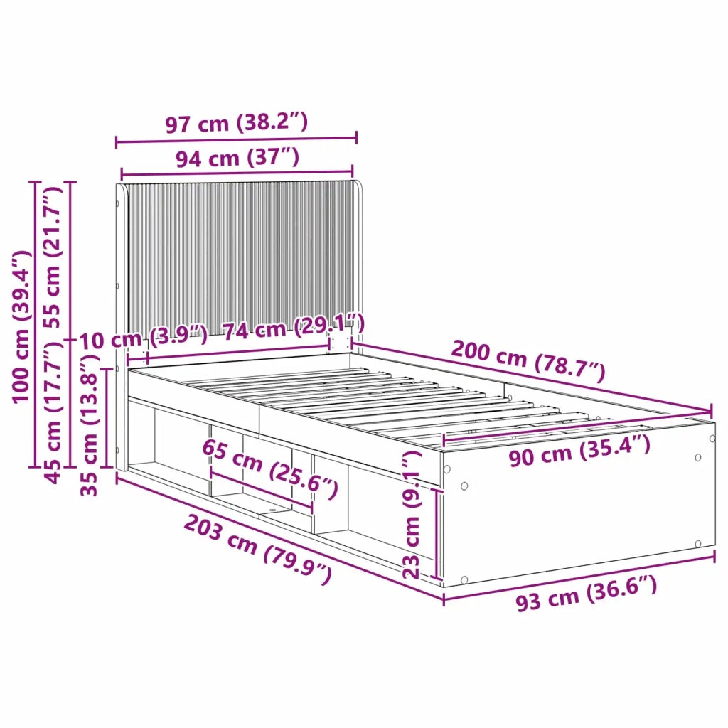 Letto singolo | Letto per adulti | Struttura del letto con stoccaggio e testata Rovere Artigianale