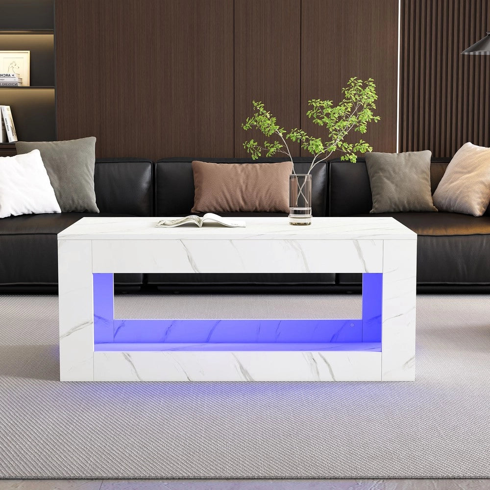 Grande tavolino da salotto LED moderno ¨C MINIMAL ¨C Bianco lucido, piano effetto marmo, telecomando