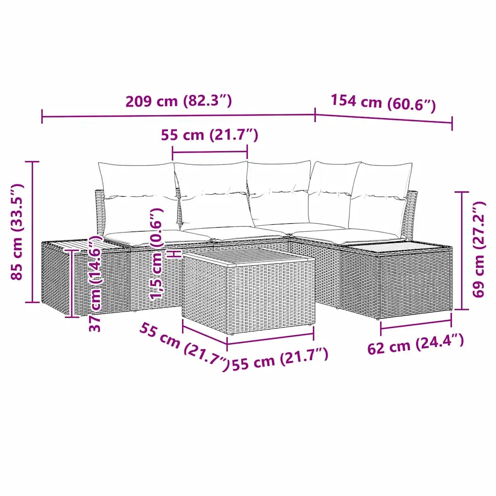 Set Divano da Giardino con cuscino 5 pcs Beige Poly Rattan 3348082