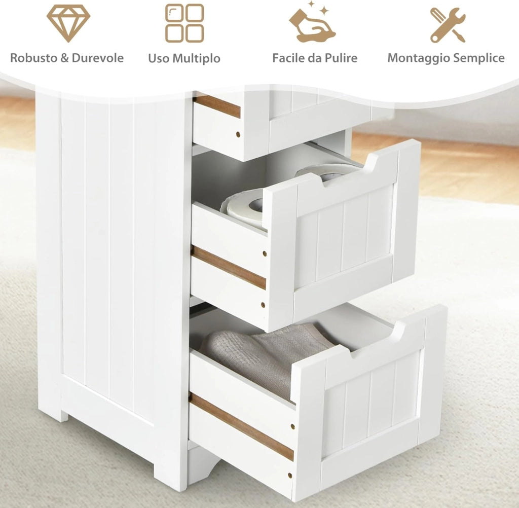 Mobile da Bagno con 4 Cassetti, Mobile Autoportante da Terra per Bagno, Mobiletto Multiuso da Soggiorno Cucina Camera da Letto Ufficio, Stile Moderno, Bianco, 30 x 30 x 83 cm