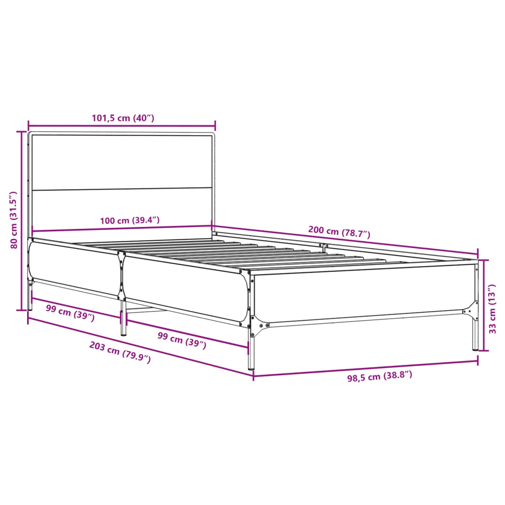Letto singolo | Letto per adulti | Giroletto Grigio Sonoma 100x200 cm Legno Multistrato e Metallo