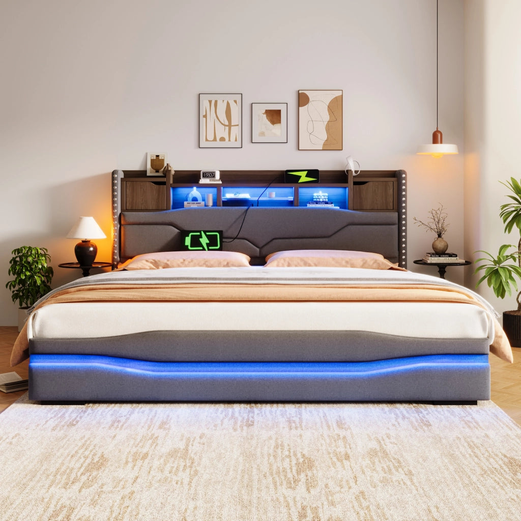Letto imbottito grigio 180x200 con USB-C LED testiera con vano sollevamento idraulico