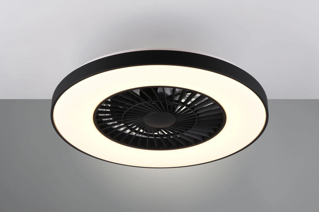 HALMSTADT VENTILATORE E PLAFONIERA LED 38W 4400lm, 2700 - 6500K DIFFUSORE SATINATO CON BORDO NERO CON TELECOMANDO MULTIFUNZIONE DIMMEREABILE D.58CM