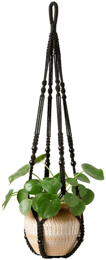Porta piante a macramé, sospensione per piante per interni con grani in legno, vaso decorativo per piante senza spilli, per uso interno ed esterno, decorazione boho per la casa, 35 pollici, nero