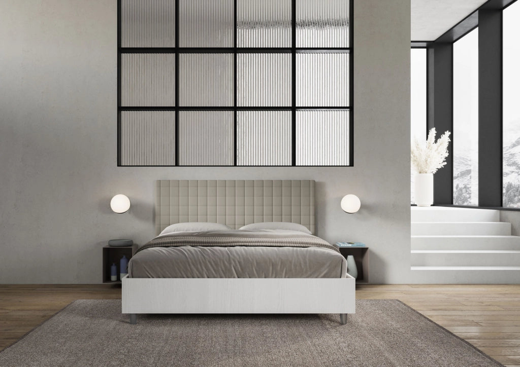 BS COM Letto matrimoniale senza rete 160x190 bianco frassino testata similpelle tortora
