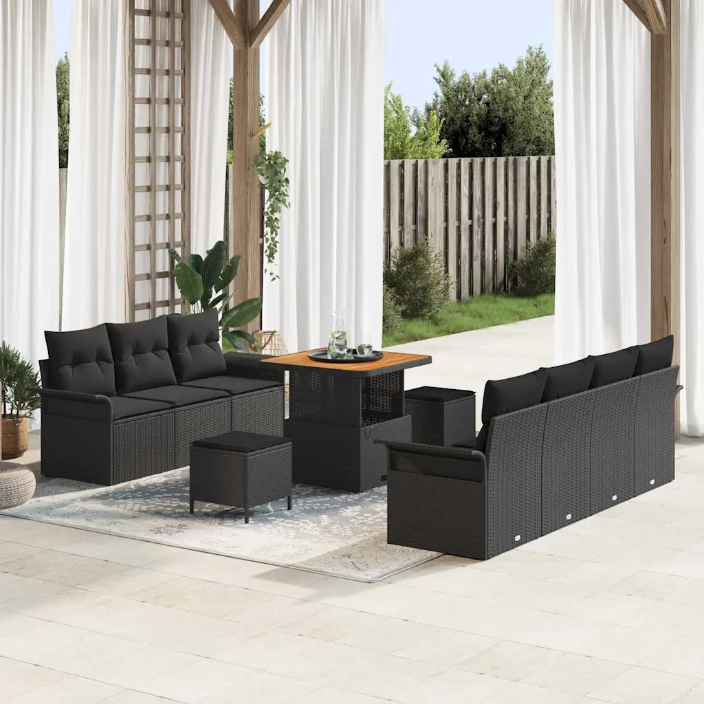 Set Divano da Giardino con cuscino 10 pcs Nero polyrattan