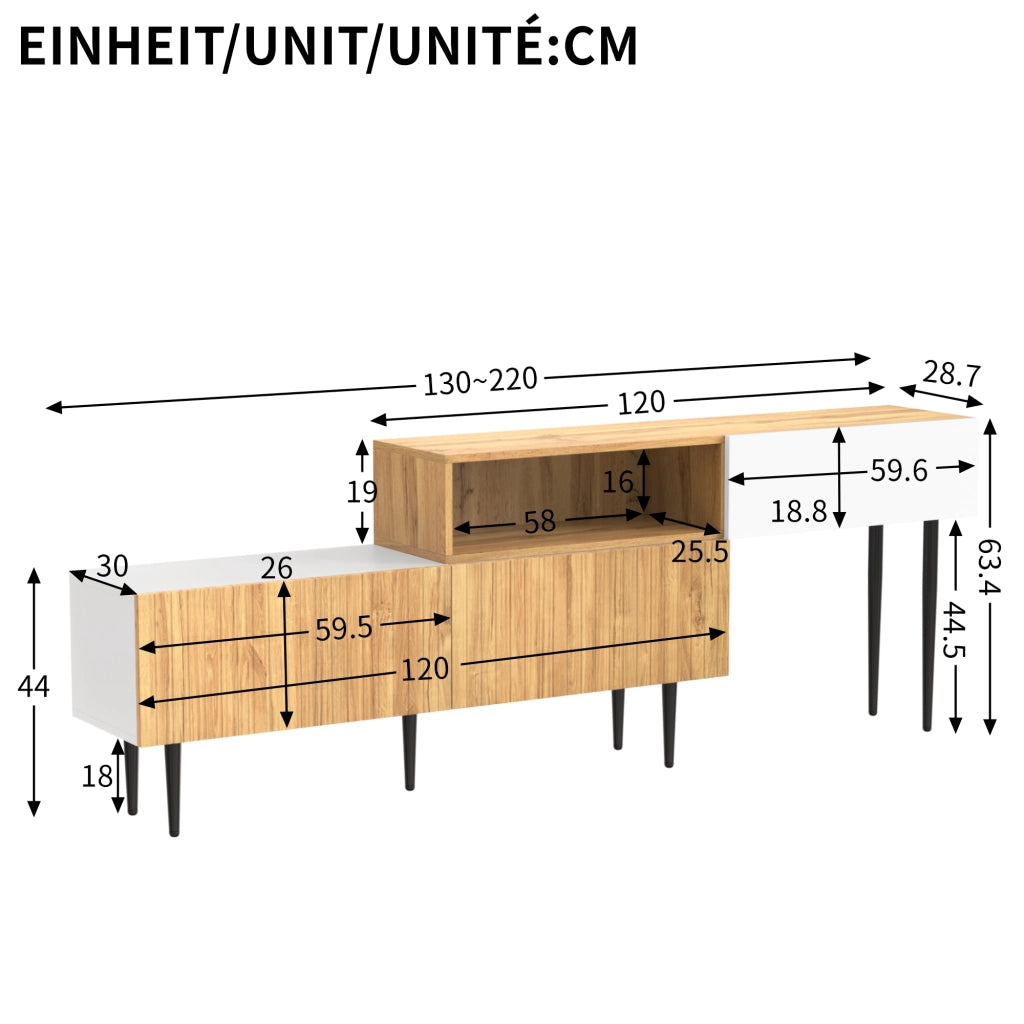 Cassettiera per TV bianca e legno; in MDF e truciolare; lunghezza 240 cm