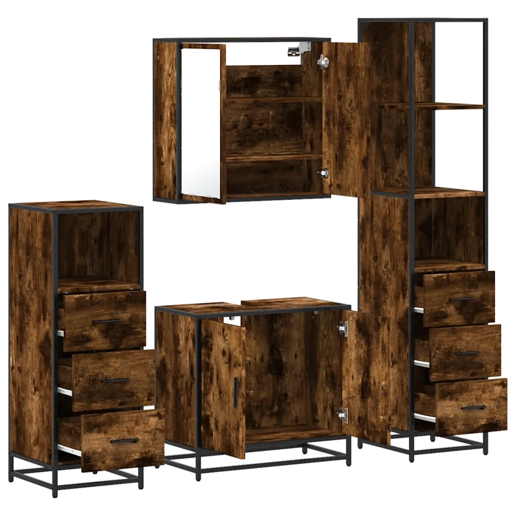 Set Mobili da Bagno | Armadio da bagno 4 pz Rovere Fumo in Legno Multistrato