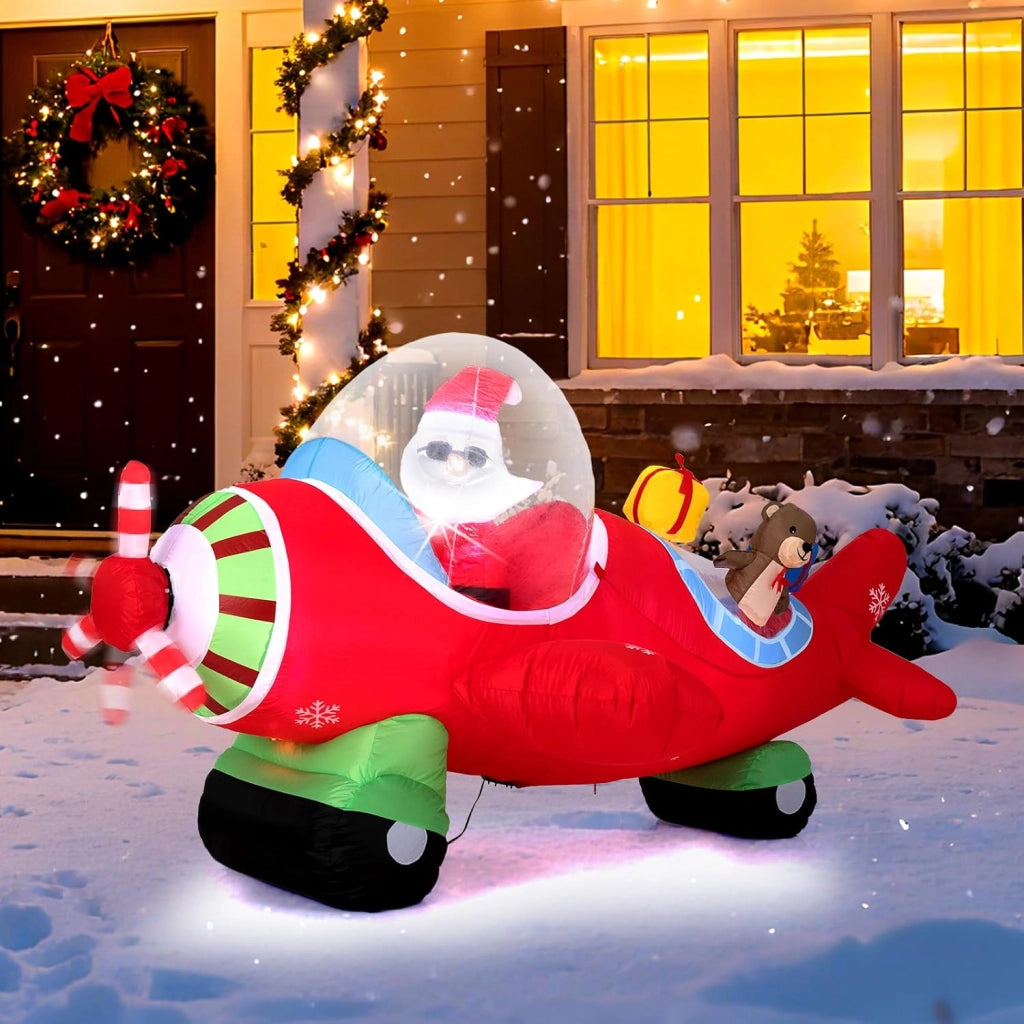 Babbo Natale Gonfiabile su Aereo 120 cm, Decorazione Natalizia da Esterno con Orsetto, Scatole Regalo e Luci LED, Decorazione Gonfiabile Invernale per Festa, per Giardino, Cortile e Casa