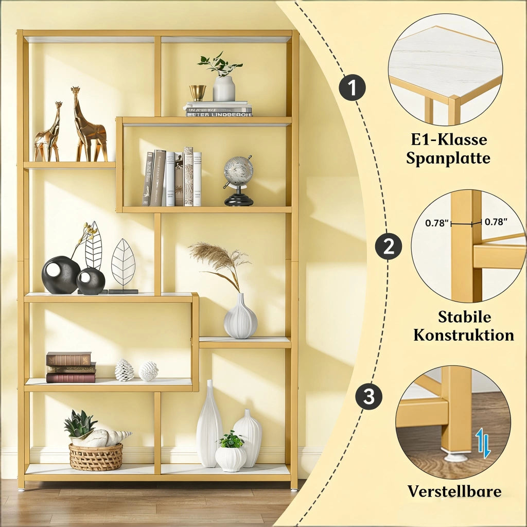 LIBRERIA a 8 ripiani 180x100x20 cm Metallo Oro e Bianco effetto marmo