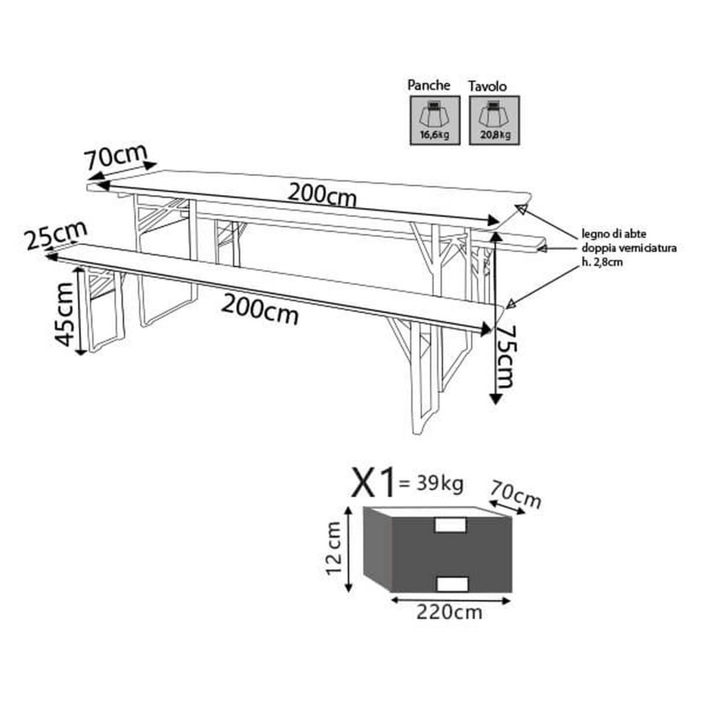 Set tavolo 200x70 cm e panche 200x25 cm in legno di abete mod. Birreria
