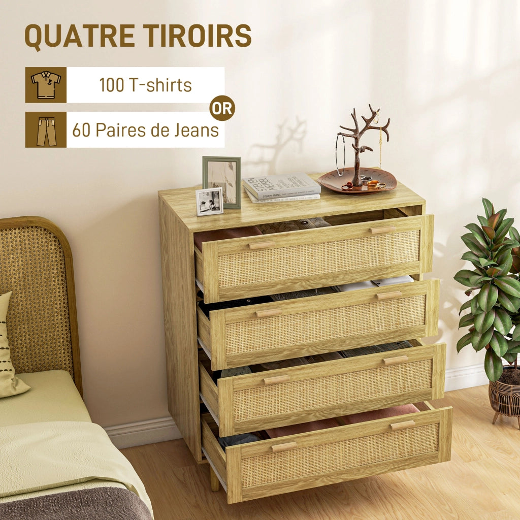 Cassettiera 4 cassetti in legno e tessuto effetto rattan stile boho ¨C Xylo ¨C 90x45x108,5cm naturale