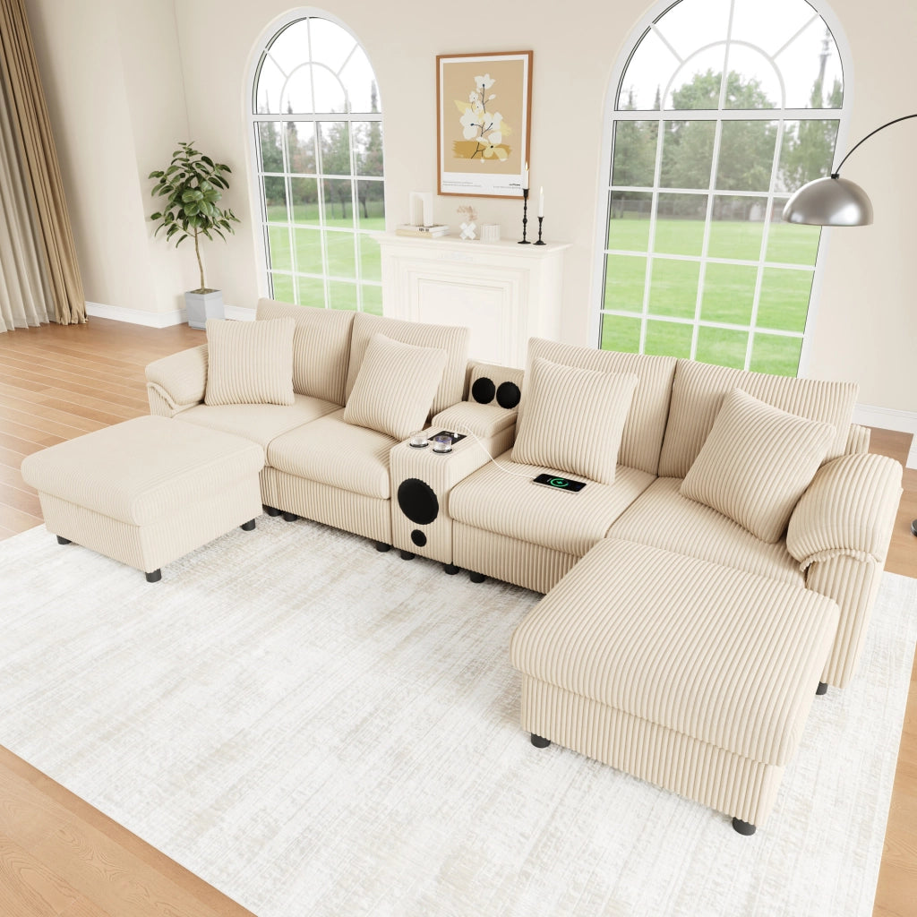 Divano modulare a U e L in velluto a coste beige 315;5 x 144 x 84;5 cm con console Bluetooth
