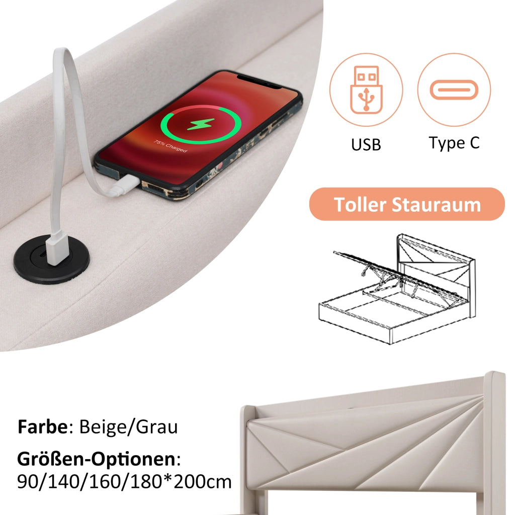letto imbottito cotone lino beige 160x200 cm