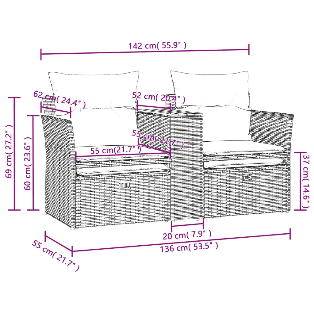 Divano da Giardino 2 Posti con Sgabelli Grigio in Polyrattan 365804