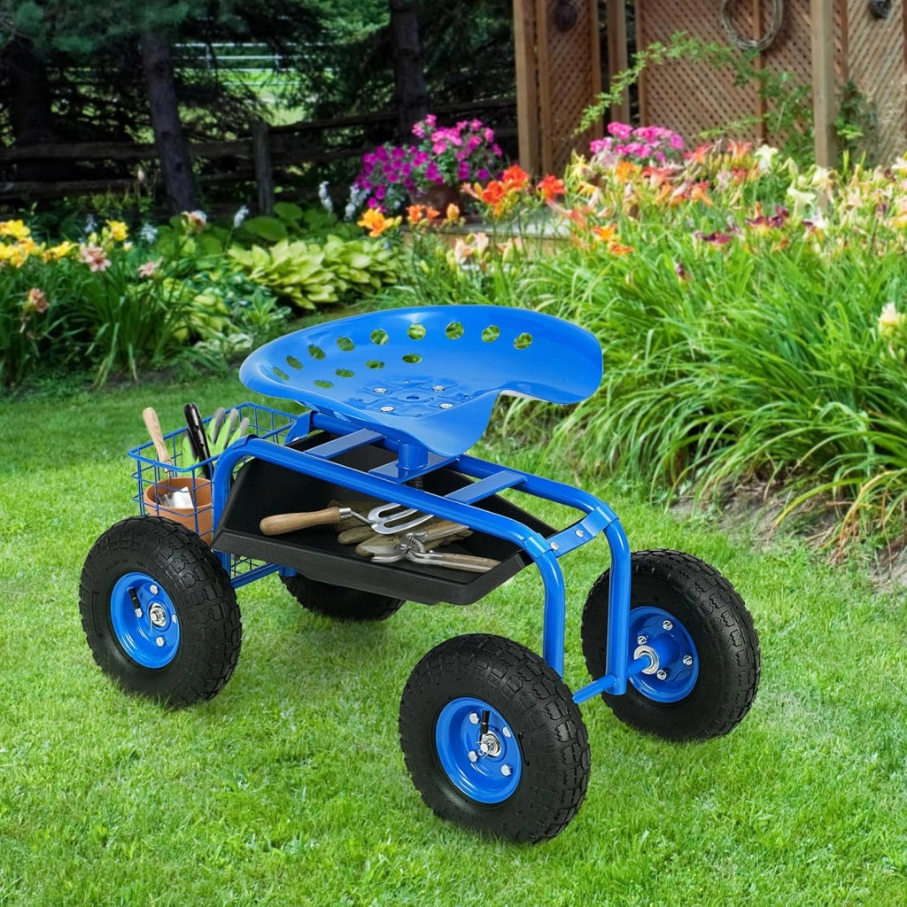 Sgabello da Giardino, Sgabello per Giardinaggio con Ruote, Sedile Regolabile in Altezza e Girevole a 360°, Cestello e Vassoio, Carrello per Prato e Giardino, Portata 150 kg (Blu)