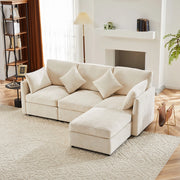 Divano angolare modulare 3-4 posti con pouf mobile e 4 cuscini in chenille beige 216x161x81 cm
