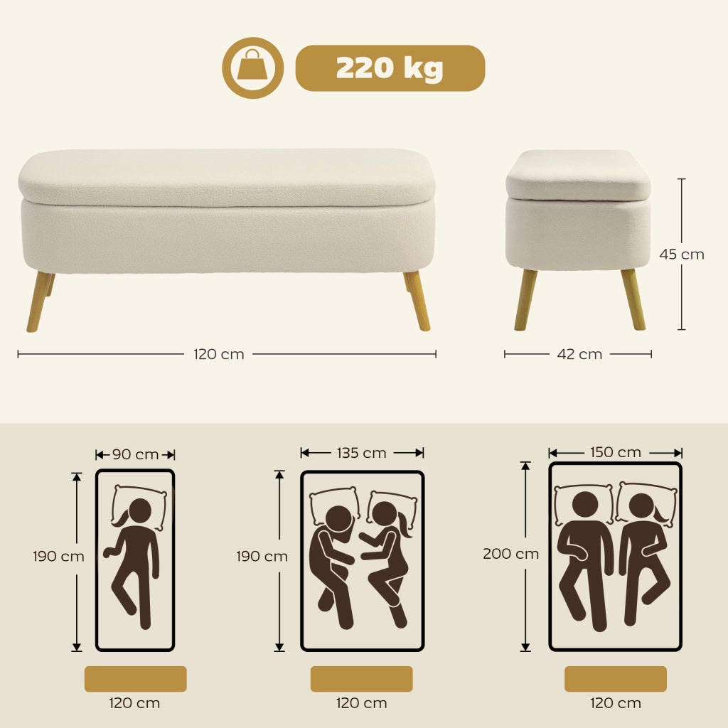 Cassettiera con panca imbottita, 5 cassetti, stoffa in pile, legno di gomma, beige ¨C Minimal ¨C 120x42x45 cm