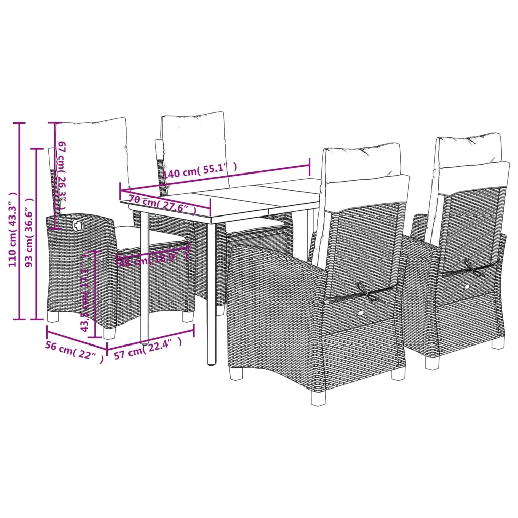 Set da Pranzo da Giardino 5 pz Nero con Cuscini in Polyrattan 3212755