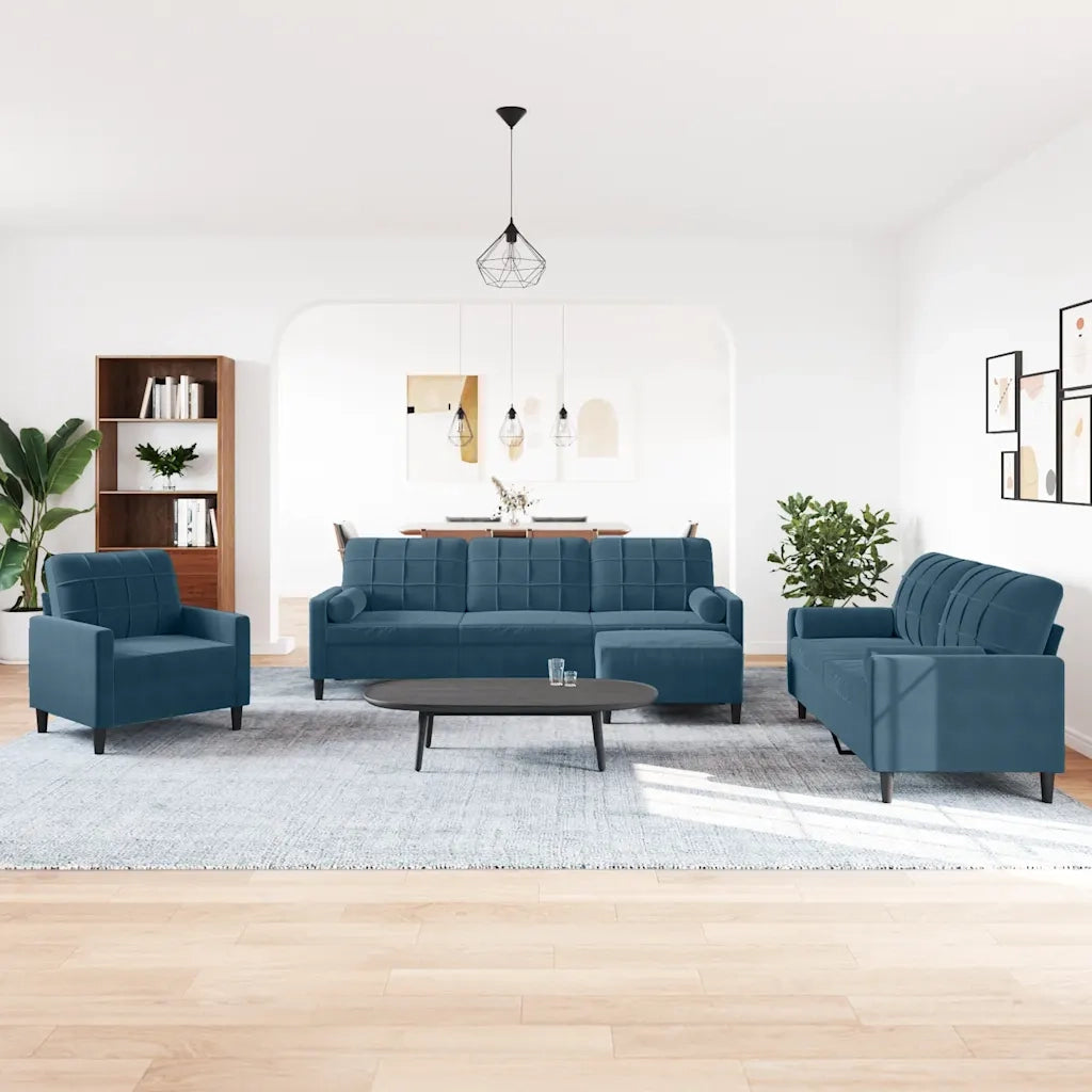 Set di Divani 4 pz con Cuscini e Rinforzi Blu in Velluto