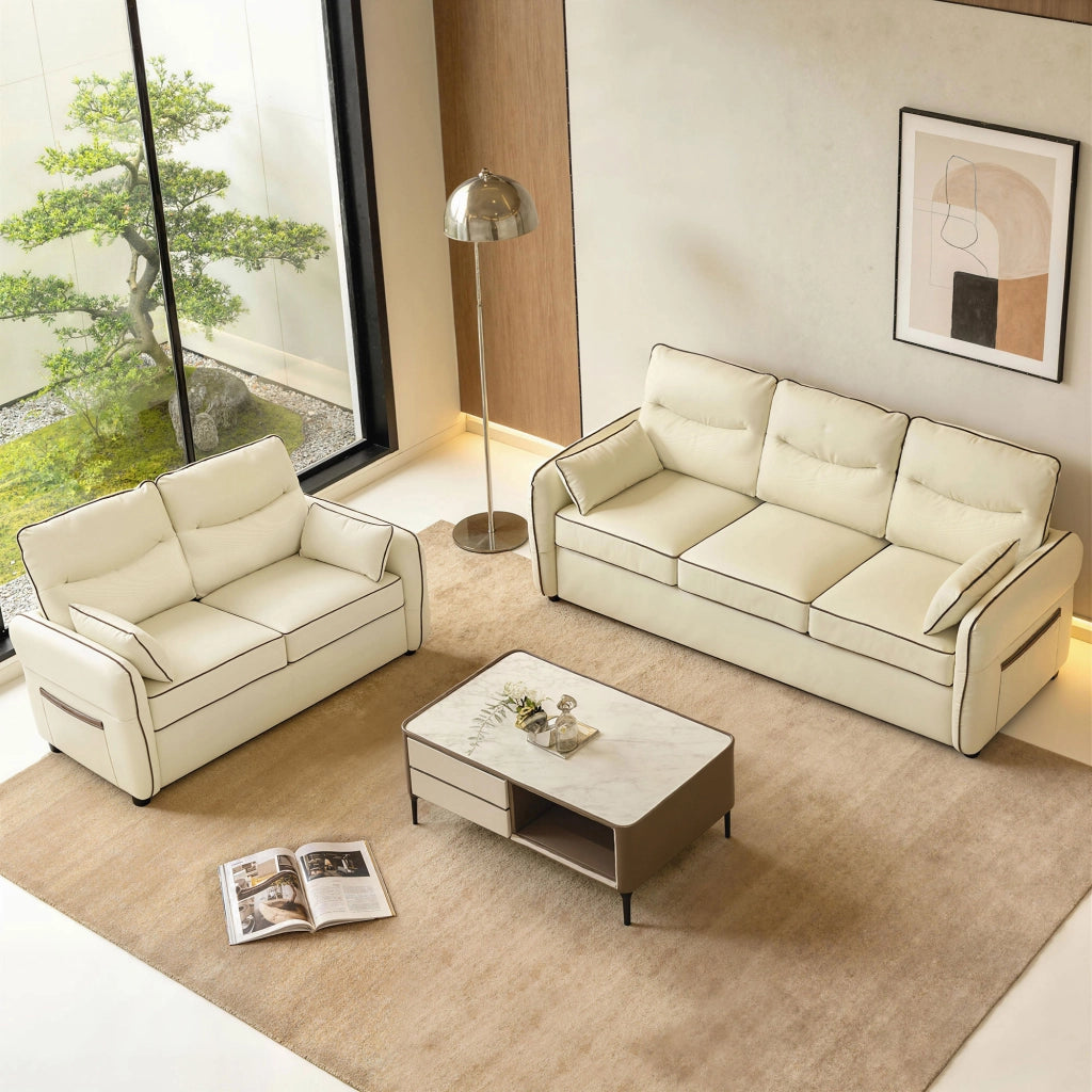 Divano 2 Posti in Similpelle Imbottito con Cuscini e Tasca Laterale ¨C Xylo ¨C Beige 136x81x90 cm