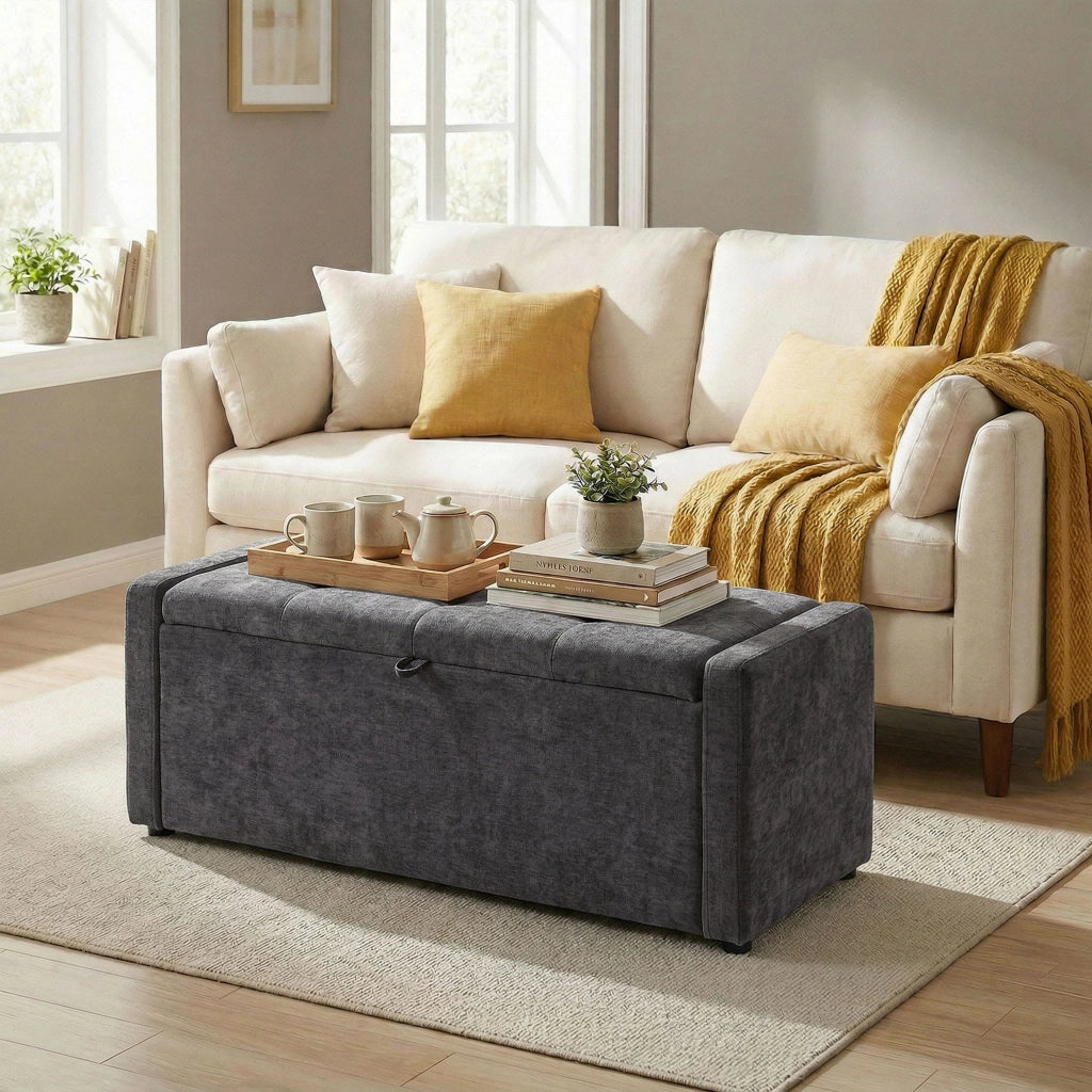Pouf Contenitore Imbottito ¨C Minimal ¨C Grigio Scuro, Lino
