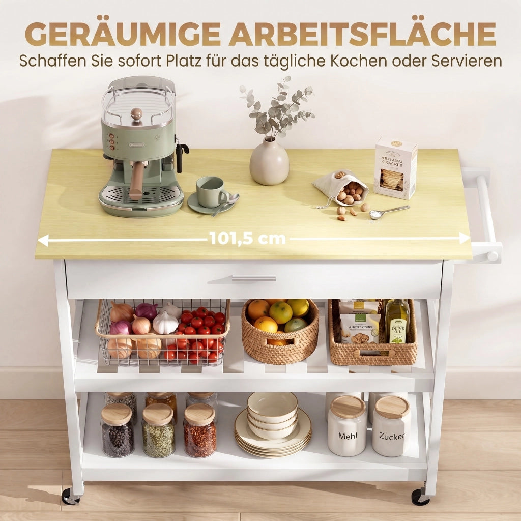 Carrello cucina con ruote ¨C Xylo ¨C piano lavoro, cassetto, ripiani, portasciugamani, bianco