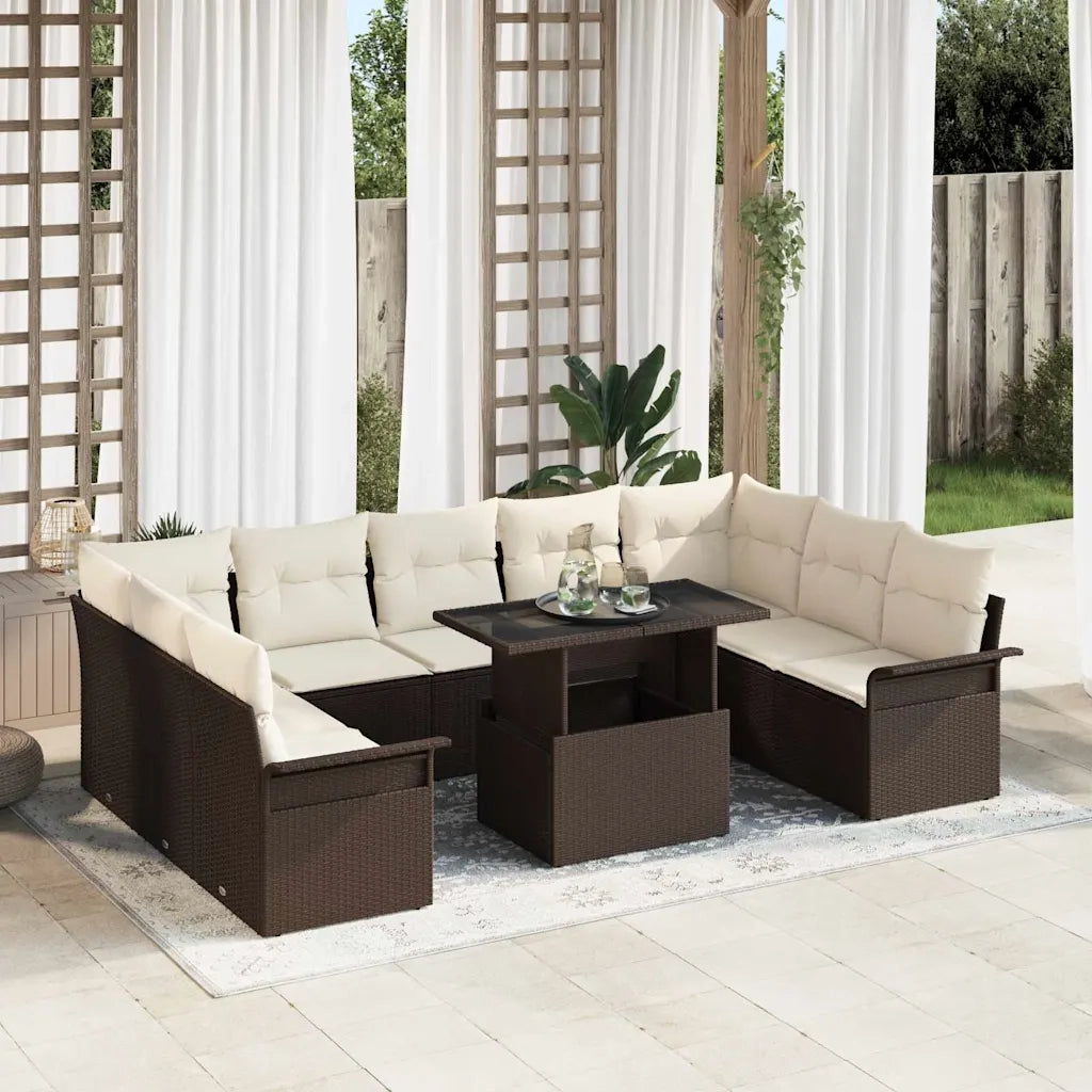 Set Divano da Giardino con cuscino 10 pcs Marrone Poly Rattan