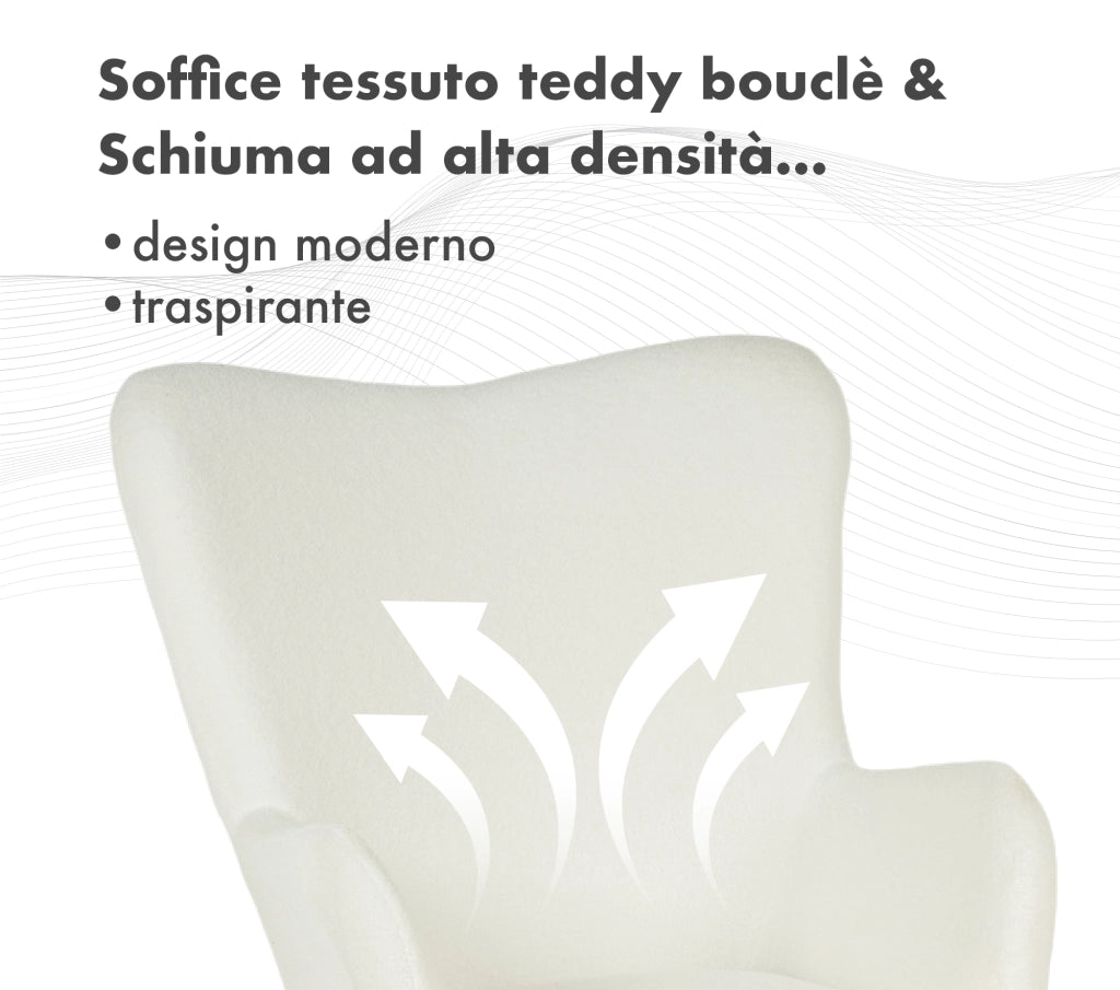 Poltrona Imbottita Ergonomica Con Schienale E Braccioli Con Poggiapiedi Contenitore Camera Da Letto Salotto Moderna Pouf Sedia Effetto Teddy Morbida - Bianco