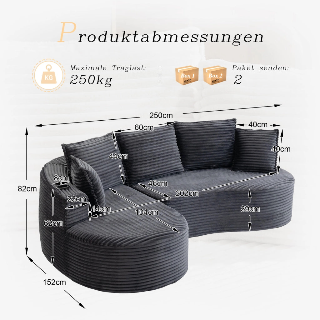 Divano Bogesofa in Tessuto a Coste ¨C MINIMAL ¨C Morbido, con Cuscini e Portabicchieri
