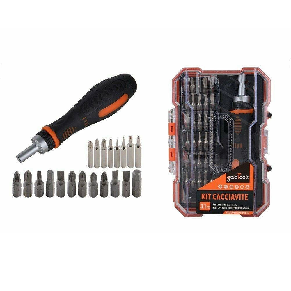 Trade Shop - Kit Cacciavite Cricchetto Multiuso 31 Pz Con Punte Phillips Croce Torx Magnetico -