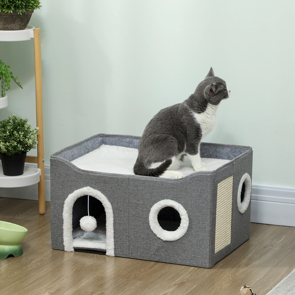 Letto per Gatti con Grattatoio e 3 Entrate ¨C Minimal ¨C Grigio 60x40x34 cm