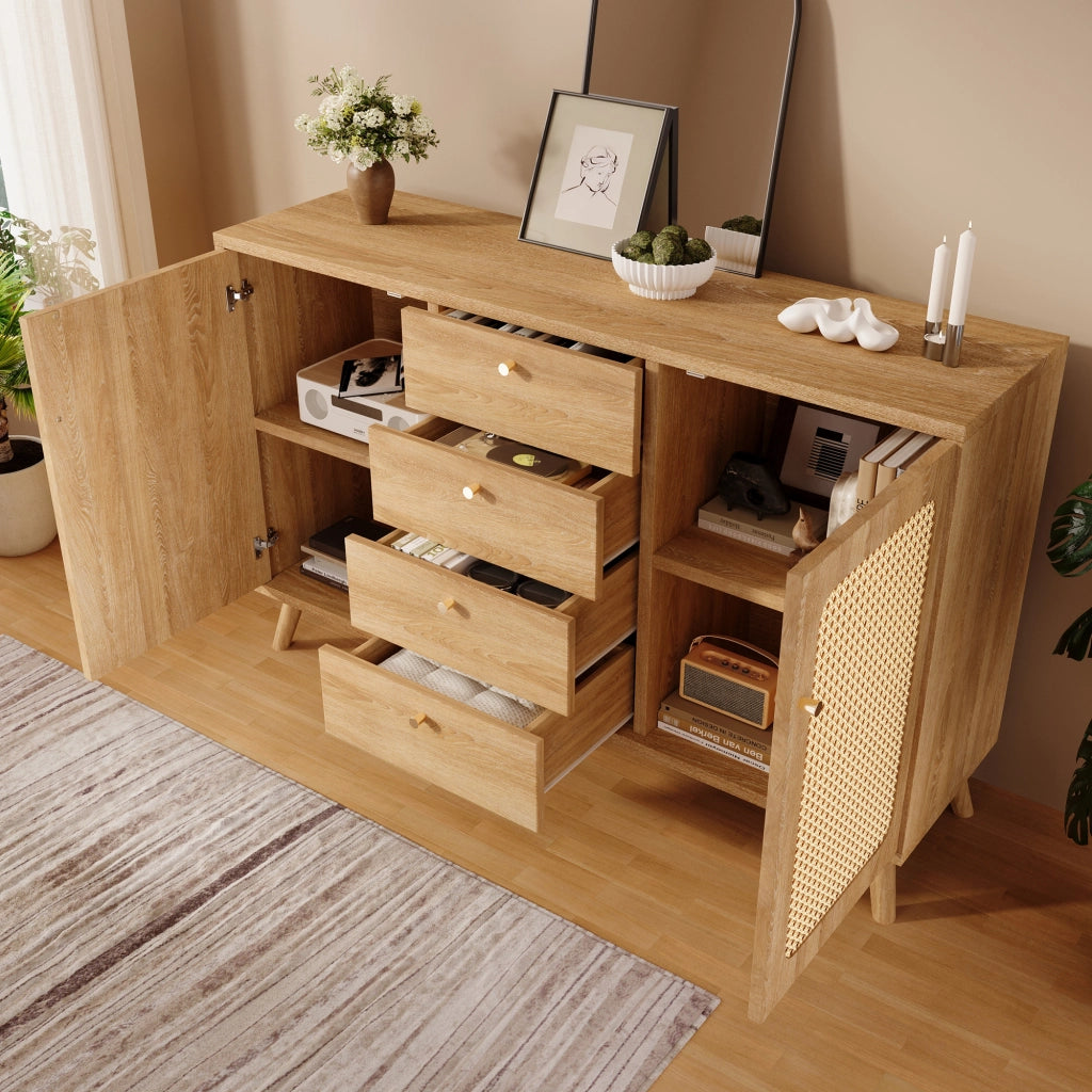 Credenza con 2 Ante e 4 Cassetti; Ripiani Regolabili; Stile Naturale; in Legno; 140??40??86 cm; Rovere Chiaro