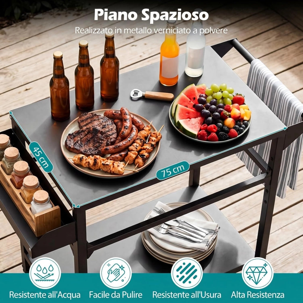 Carrello per Barbecue con 4 Ruote, Carrello Cucina da Esterno per BBQ in Metallo con Portaspezie, Portasciugamani e Ripiano Portaoggetti Inferiore, per Giardino e Terrazza, 100 x 80 x 45 cm