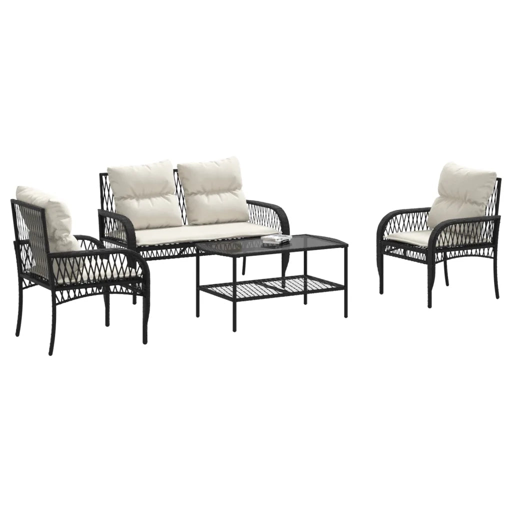 Set Divani da Giardino 4 pz | Set Salotto da Giardino con Cuscini Nero in Polyrattan
