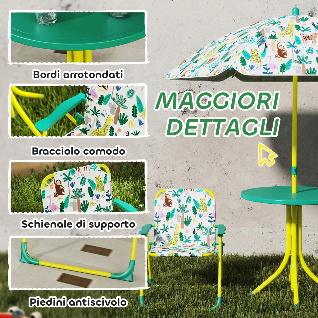 Tavolo da Picnic per Bambini Set Tavolo e Sedie con Ombrellone Verde