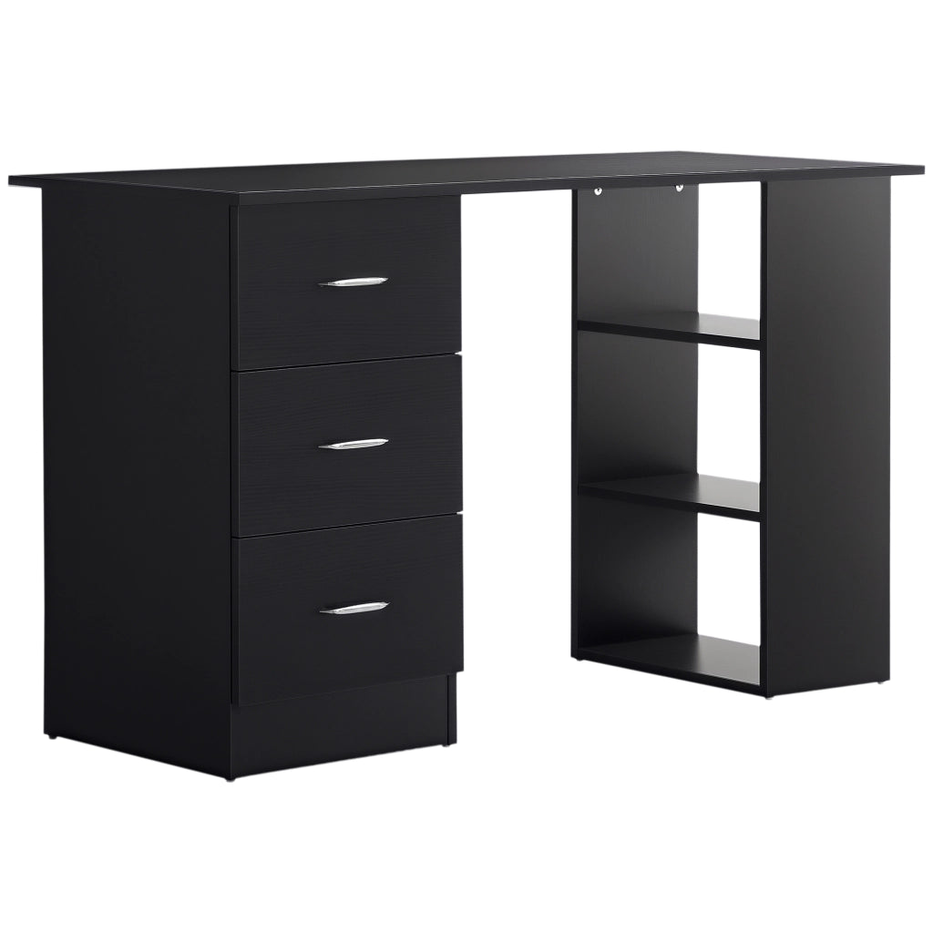 Scrivania PC con 3 Ripiani e 3 Cassetti per Camera e Ufficio. in Legno MDF. 120x49x72 cm. Nera
