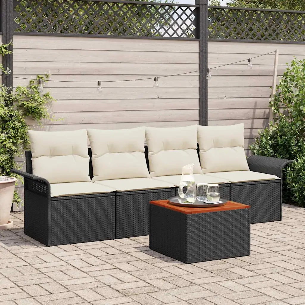 Set Divano da Giardino 5 pcs Nero e Crema polyrattan