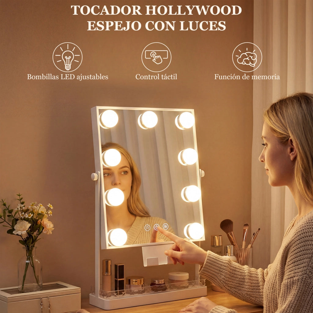 Specchio per Trucco con Luci LED ¨C Xylo ¨C 9 Lampadine 3 Colori Touch Bianco