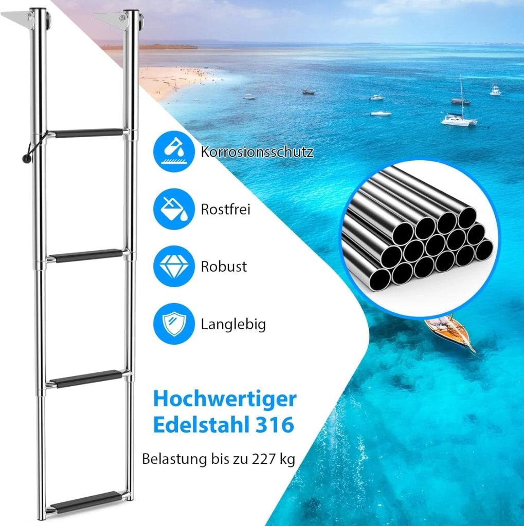 Scaletta Telescopica in Acciaio Inossidabile, Scala Piscina Fuori Terra a 4 Gradini Antiscivolo, Portata Massima 227 KG, per Piscina, Barca, Ponti, Pontile Galleggiante
